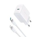Joyroom JR-TCF20 UK plug 20W PD fast charger wall adapter displaying its compact three-pin layout, single high-output USB Type-C port configuration, and fireproof PC chassis design