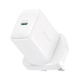 Joyroom JR-TCF20 UK plug 20W PD fast charger wall adapter displaying its compact three-pin layout, single high-output USB Type-C port configuration, and fireproof PC chassis design