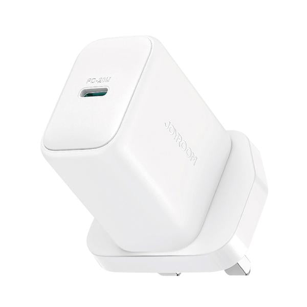 Joyroom JR-TCF20 UK plug 20W PD fast charger wall adapter displaying its compact three-pin layout, single high-output USB Type-C port configuration, and fireproof PC chassis design
