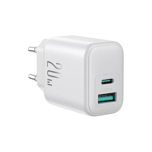 JOYROOM JR-TCF21 20W Dual-Port (A+C) Charger, featuring both USB-A and USB-C ports for versatile, efficient, and fast charging in a compact design