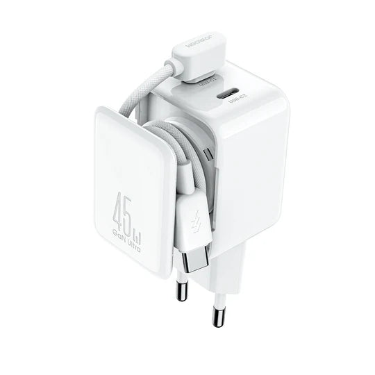 JOYROOM JR-TCL05 45W Cable Management GaN Charger, featuring efficient, high-speed power delivery and a built-in cable management design for an organized, clutter-free charging setup
