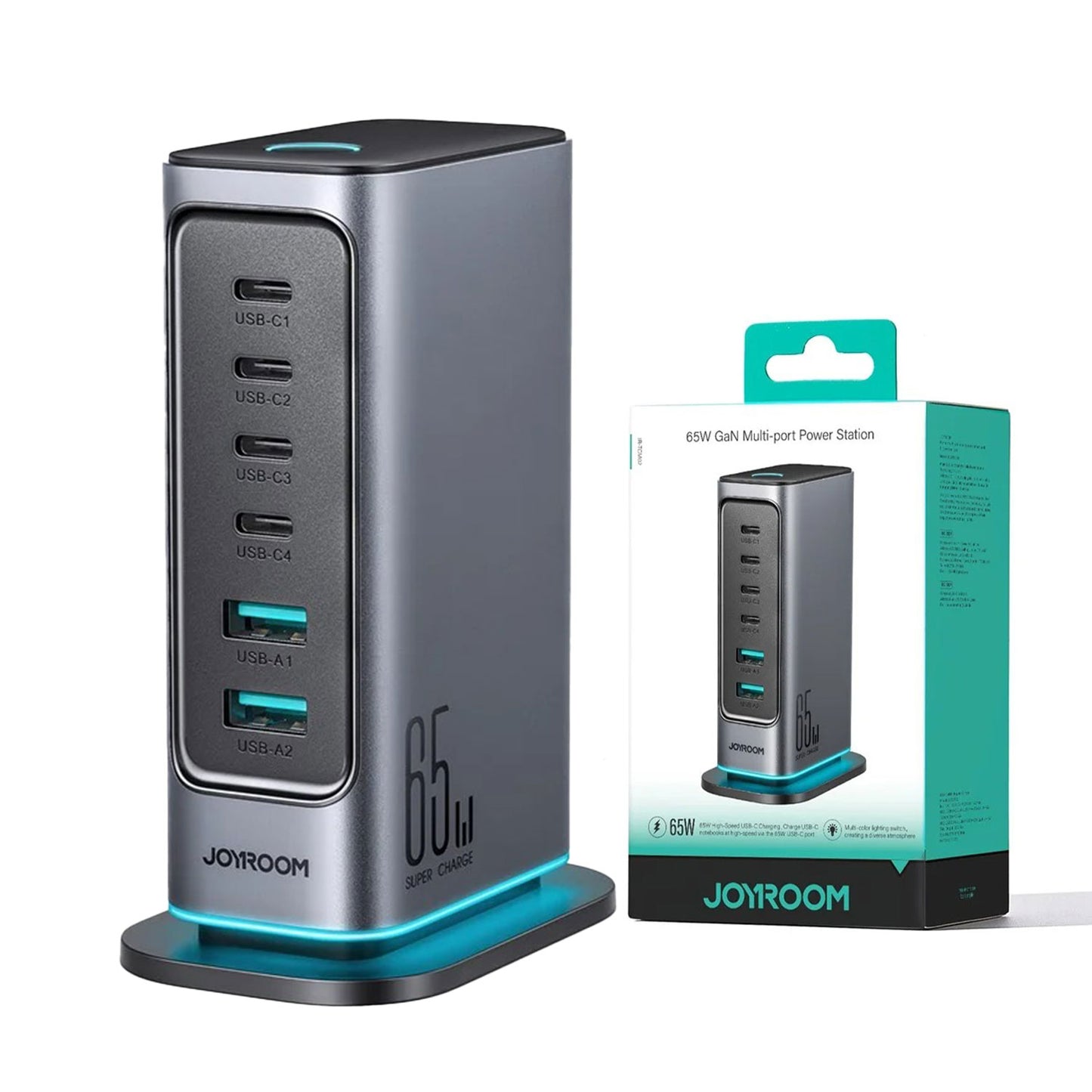 Joyroom JR-TCM02 65W 6-port GaN desktop fast charging station hub with 4 USB-C and 2 USB-A ports for laptops and smartphones