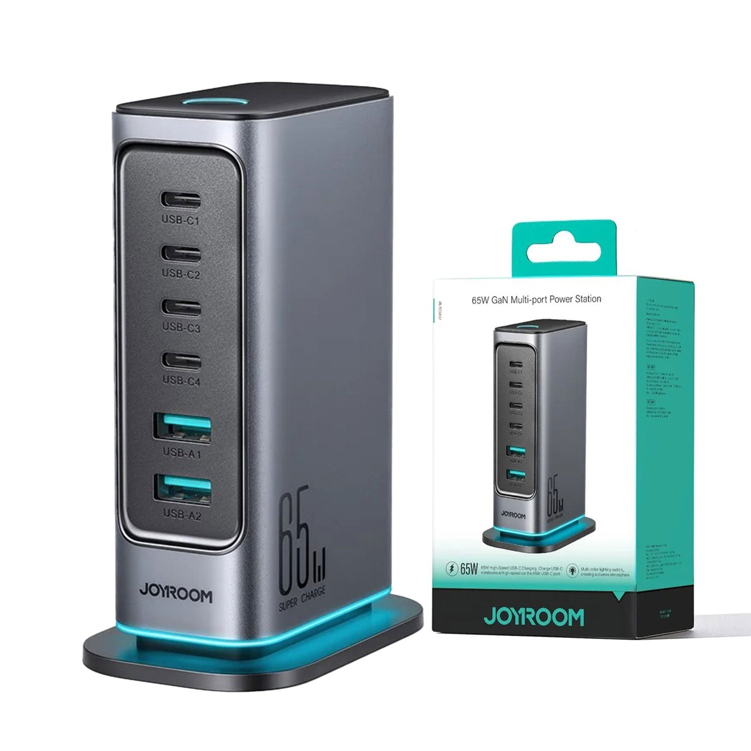 Joyroom JR-TCM02 65W 6-port GaN desktop fast charging station hub with 4 USB-C and 2 USB-A ports for laptops and smartphones