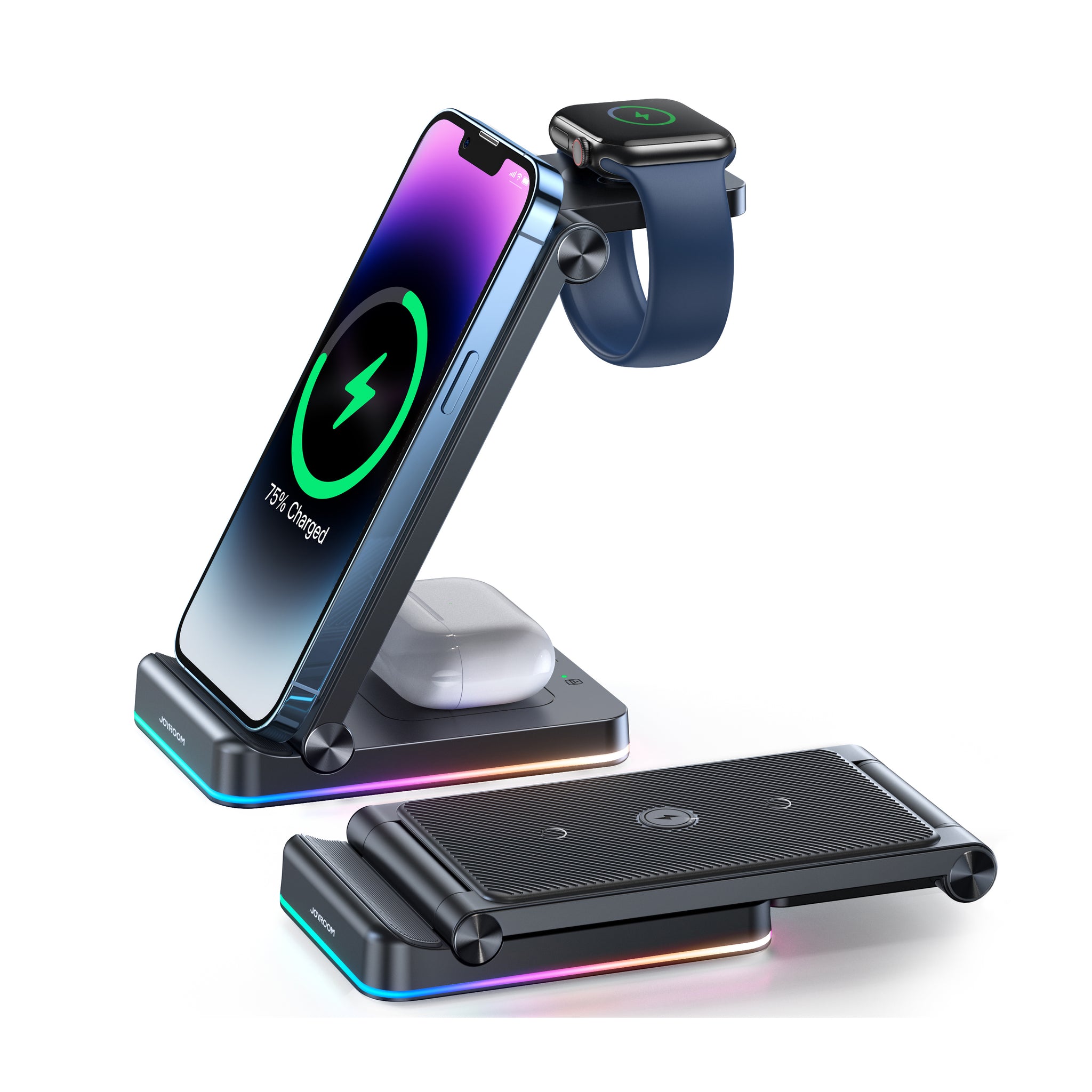 Joyroom JR-WQN01 15W 3in1 foldable wireless charging station displaying its dual-coil smartphone stand, Apple Watch charging mount, earbud pad, and adjustable back panel