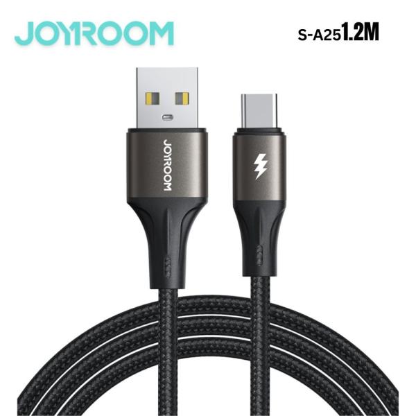 Joyroom Light-Speed Series S-A25 3A USB-A to Type-C fast charging data cable displaying its precision nylon braided armor, aluminum alloy terminal shells, and extended strain-relief boots