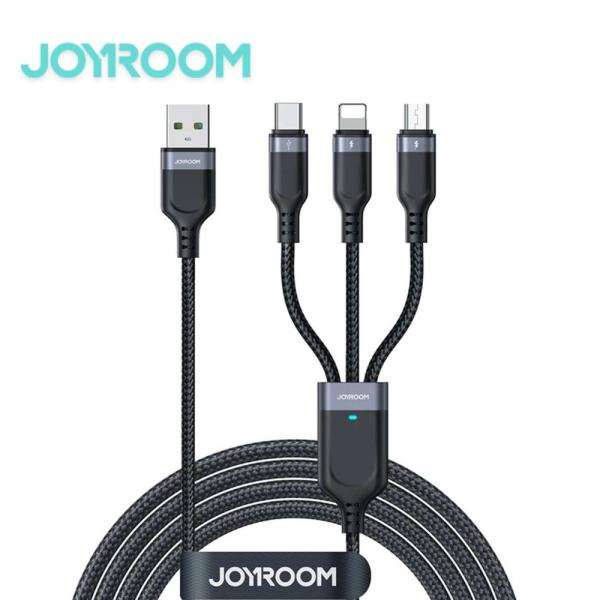 Joyroom Multi-Use Series S-1T3018A18 3-in-1 data cable highlighting its integrated Lightning, Type-C, and Micro USB connector branches, robust aluminum alloy shells, and premium braided nylon body