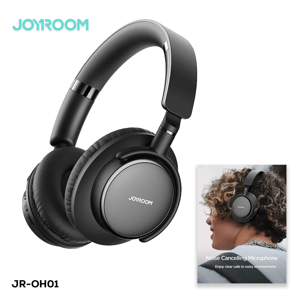 Joyroom OH-1 black wireless Bluetooth headset with 15 hours battery life, 40mm drivers, and Type-C charging