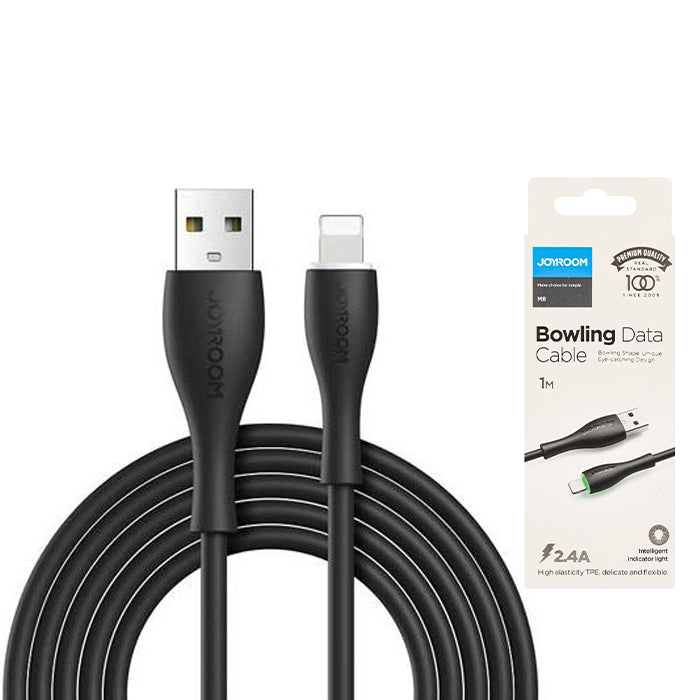 Joyroom S-1030M8 Series 1-meter Lightning cable displaying its high-flex smooth PVC outer jacket, shatter-proof connector joint strain reliefs, and standard USB-A to Lightning interface tips
