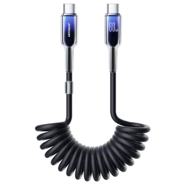 JOYROOM S-A43 60W Type-C to Type-C Coiled Crystal-Clear Series Fast Charging Data Cable, featuring a flexible coiled design for tangle-free, high-speed charging and data transmission