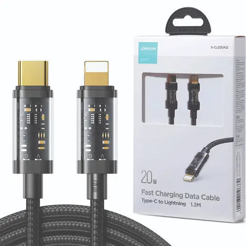 Joyroom S-Cl020a12 Type-C to Lightning 30W fast charging data cable highlighting its transparent connector shell design, high-density nylon braided exterior, and 1.2-meter length
