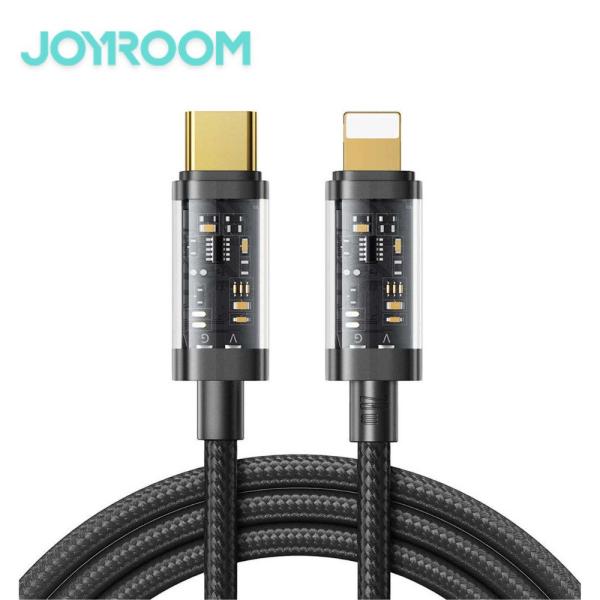 Joyroom S-Cl020a12 Type-C to Lightning 30W fast charging data cable highlighting its transparent connector shell design, high-density nylon braided exterior, and 1.2-meter length
