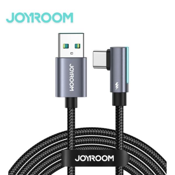 Joyroom SmoothGame Series S-AC027A17 right angle USB-A to Type-C fast charging data cable highlighting its 90-degree elbow connector shell, high-density nylon braided exterior, and 1.2-meter gaming layout