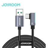 Joyroom SmoothGame Series S-AC027A17 right angle USB-A to Type-C fast charging data cable highlighting its 90-degree elbow connector shell, high-density nylon braided exterior, and 1.2-meter gaming layout