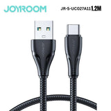 Joyroom Surpass Series 3A USB-A to Type-C fast charging data cable displaying its ultra-dense nylon braided shielding, reinforced strain-relief joints, and durable connector plugs