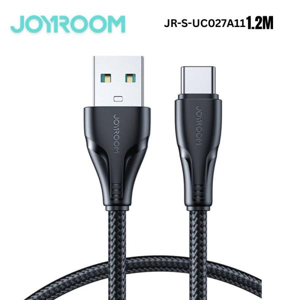Joyroom Surpass Series 3A USB-A to Type-C fast charging data cable displaying its ultra-dense nylon braided shielding, reinforced strain-relief joints, and durable connector plugs