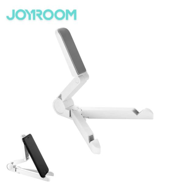 Joyroom ZS120 desktop tablet holder standing on a desk showing its adjustable polycarbonate bracket arm, stable tabletop mounting pad, and compact folded flat mode
