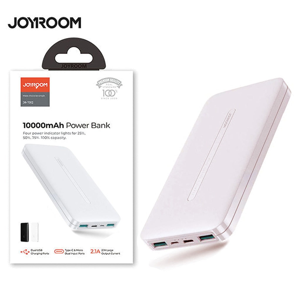 Joyroom JR-T012 10000mAh power bank featuring dual USB output ports, Type-C and Micro inputs, and a 4-level LED battery indicator