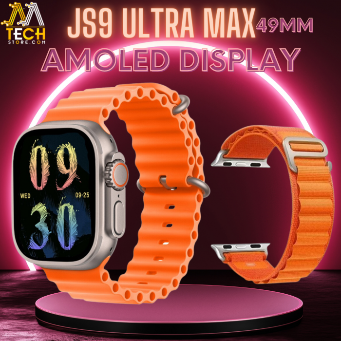 JS9 Ultra Max premium 49mm smartwatch featuring a 2.02 inch AMOLED square screen, bluetooth calling, and wireless charging
