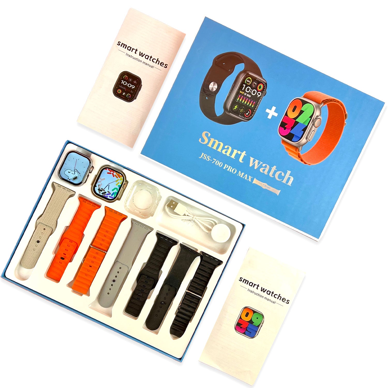 JSS-700 Pro Max dual smartwatch mega bundle featuring 2 watch dials, 7 interchangeable straps, 1 silicone protector case, and health tracking features