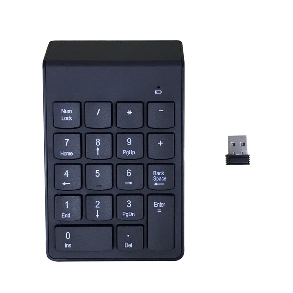 K1 2.4GHz wireless numeric keypad featuring an 18-key layout, USB receiver, and ergonomic tilt for laptop and PC data entry