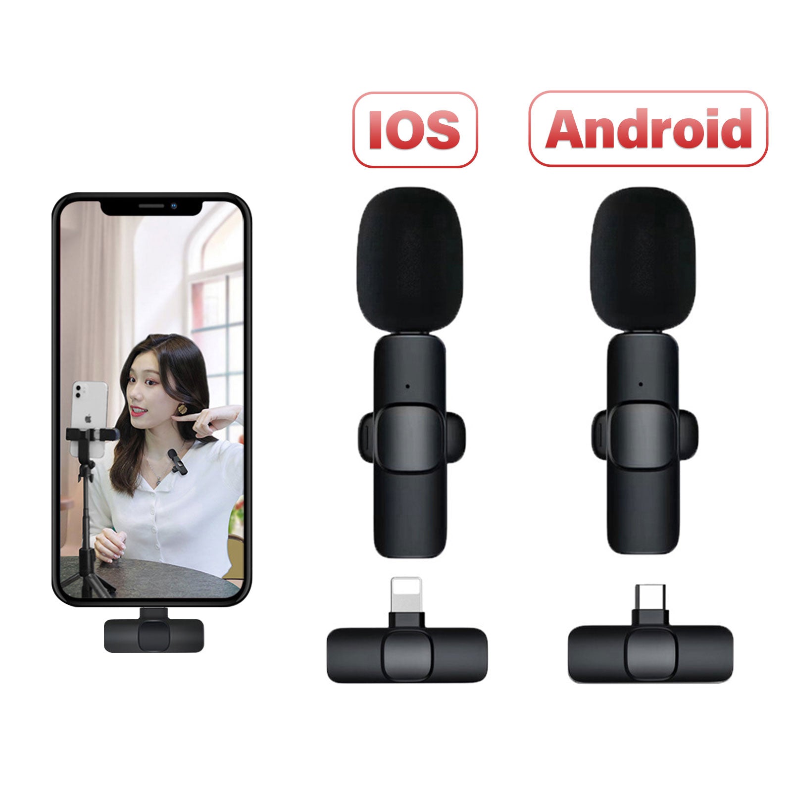 K11 2-in-1 wireless collar microphone with dual Lightning and Type-C receiver for iPhone and Android vlogging
