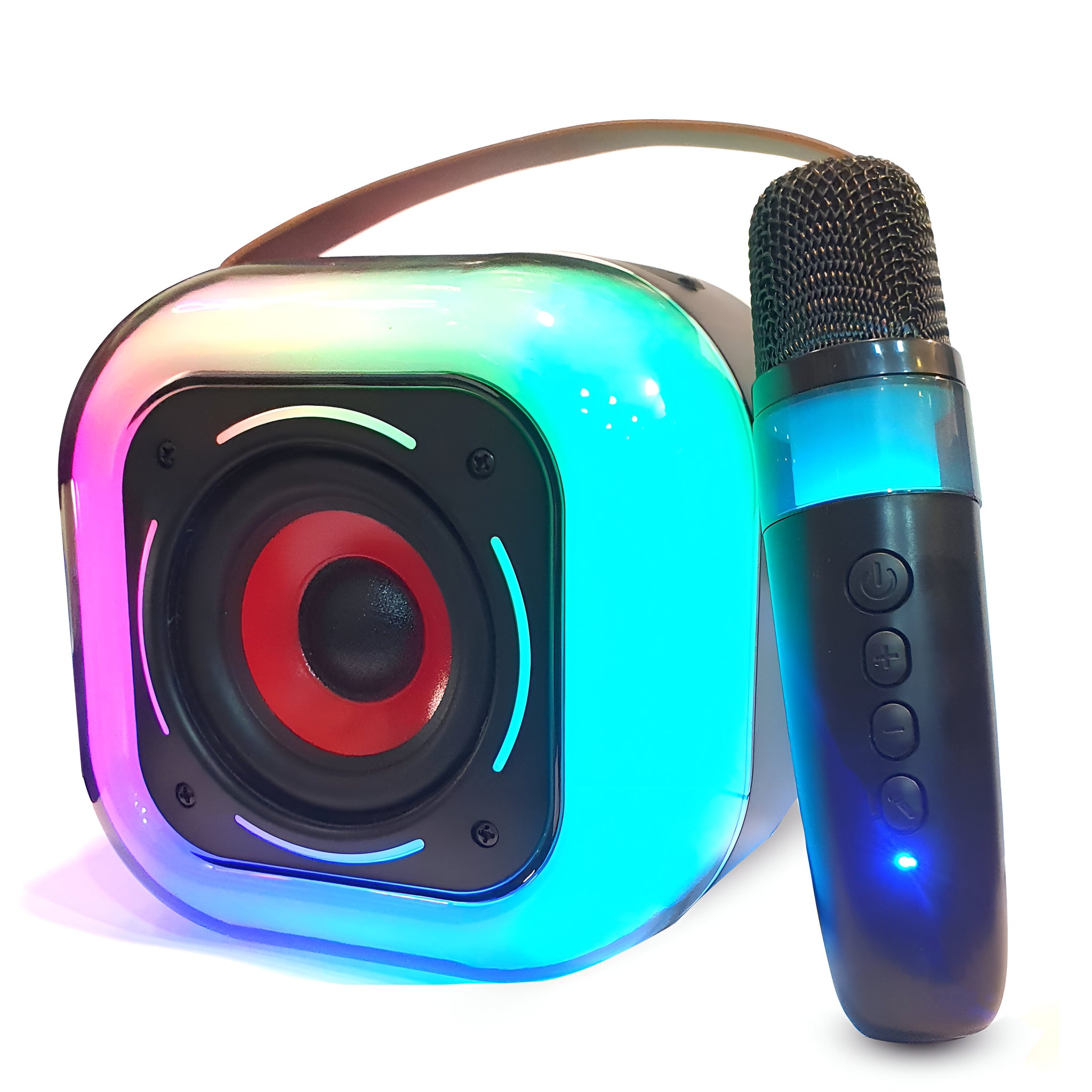 K12 mini karaoke Bluetooth speaker with wireless microphone, voice changer effects, and RGB LED lights