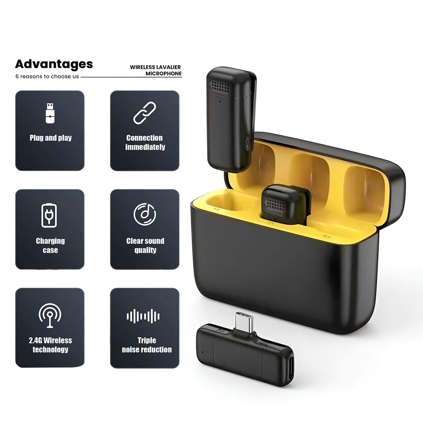 K13 Type-C ANC dual wireless lavalier microphone system featuring two ultra-lightweight 10g transmitters, compact receiver, and protective portable charging case