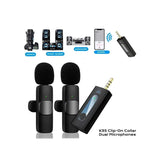 K35 wireless dual microphone with 3.5mm receiver for cameras, speakers, and smartphones, featuring 20m range and noise cancellation