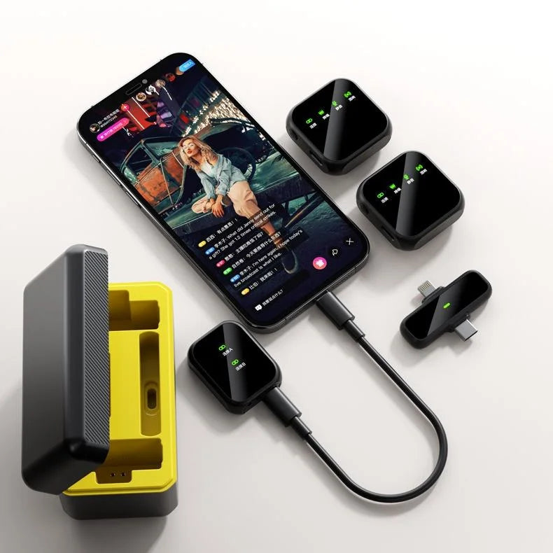 K50 wireless dual lavalier microphone with digital display screen and charging case for iPhone and Type-C smartphones