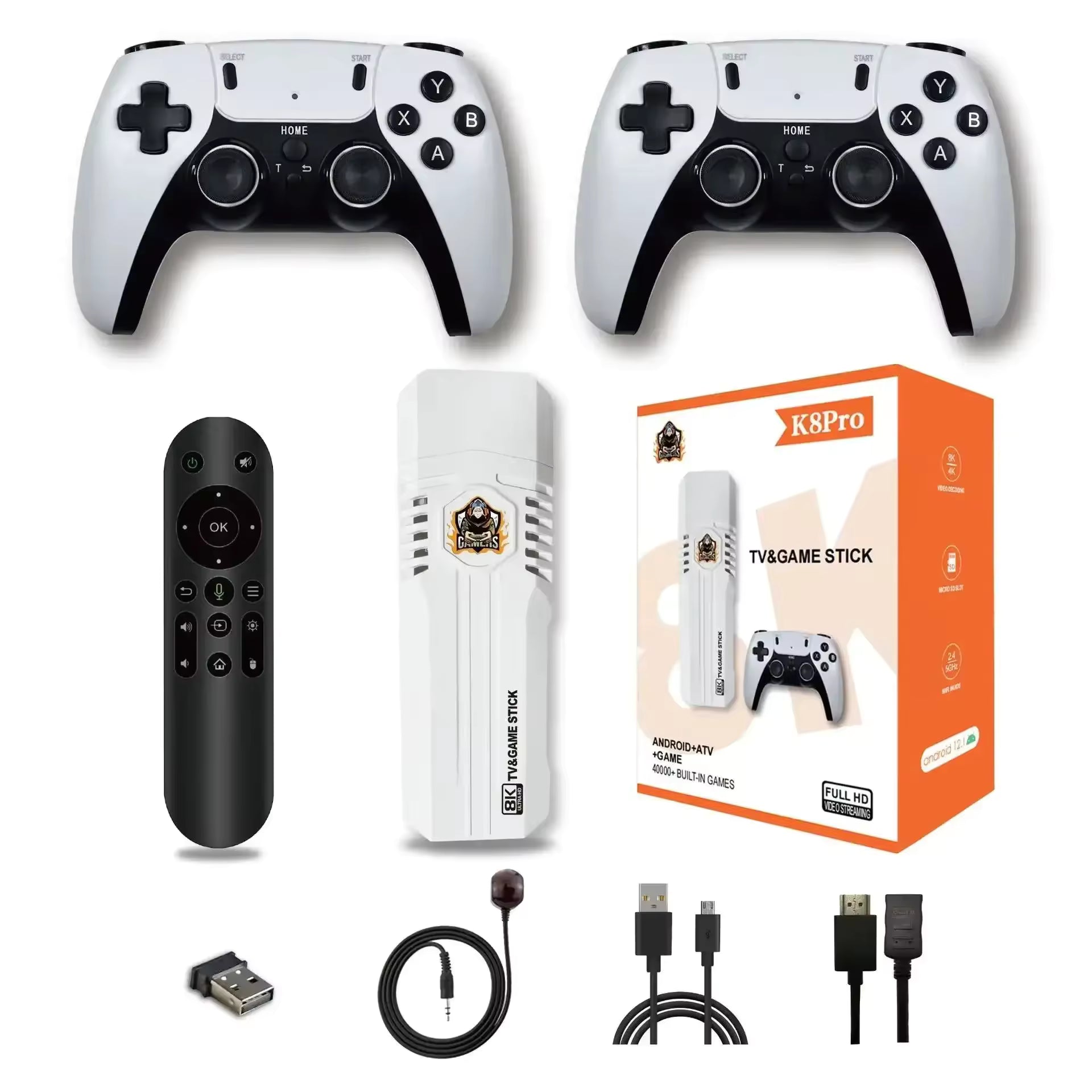 K8 Pro 8K HD game stick and Android 12.1 TV box with 40,000 games, wireless controllers, and voice remote