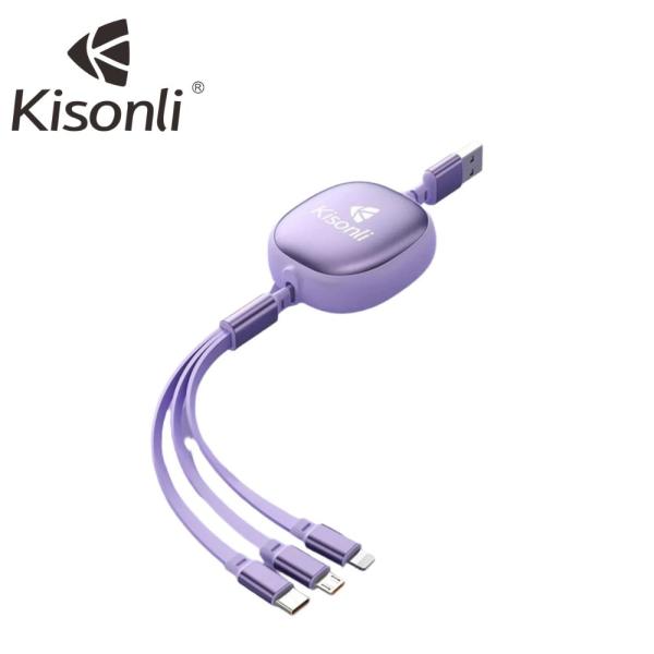 Kisonli 3-in-1 multi USB charger cable showcasing its integrated Type-C, Micro USB, and iPhone connector heads, premium woven exterior, and flexible TPE inner quilt layout