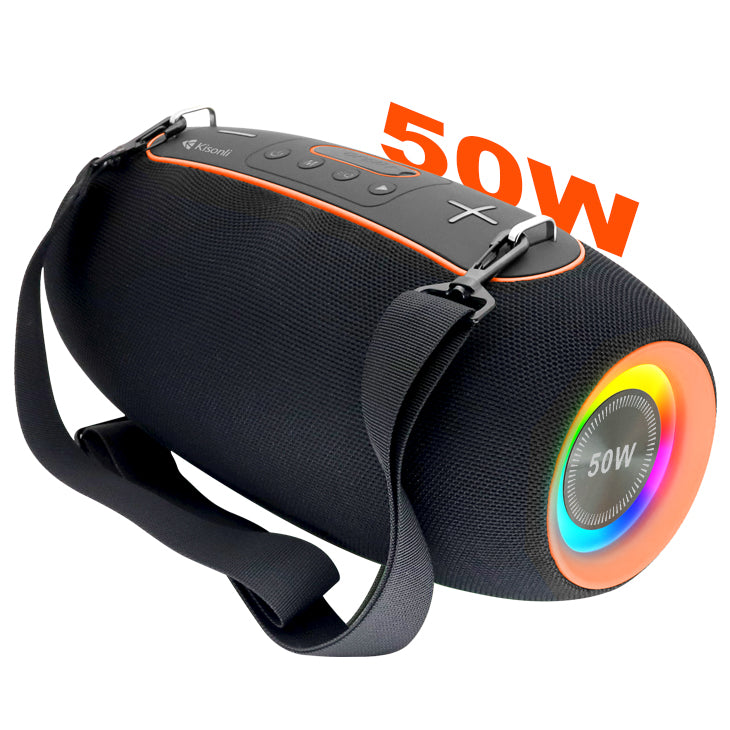 Kisonli K8 50W large Bluetooth speaker with 30W subwoofer, RGB lighting, and 4000mAh battery