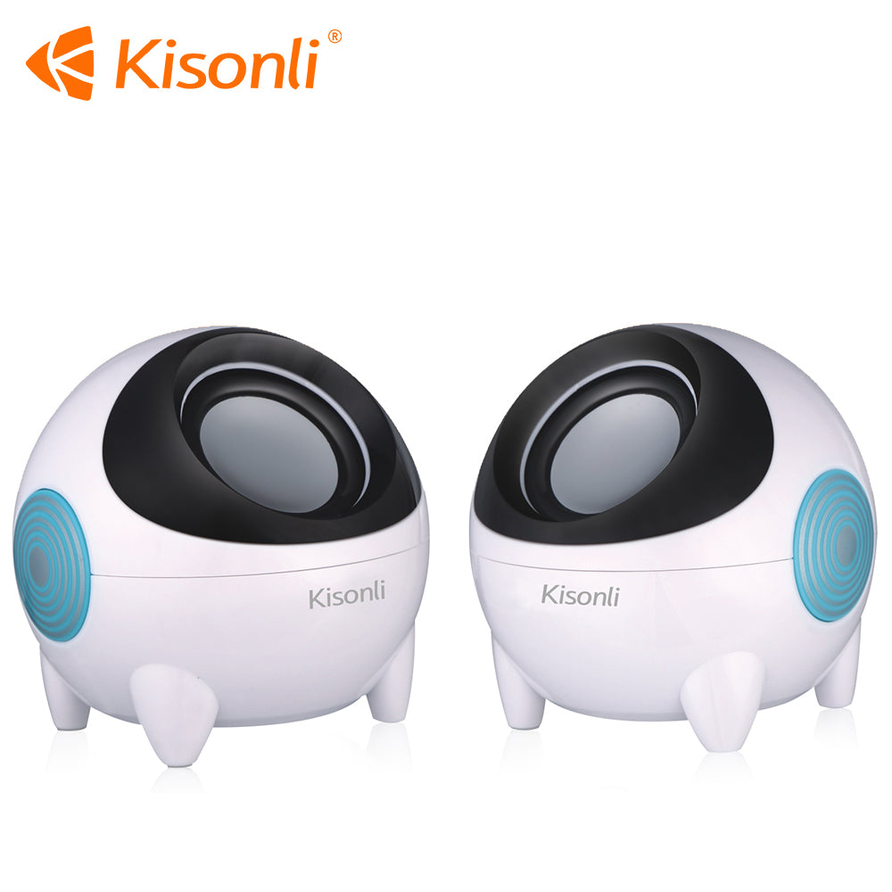 Kisonli K800 compact mini computer speakers in turquoise and black with USB power and 3.5mm audio jack