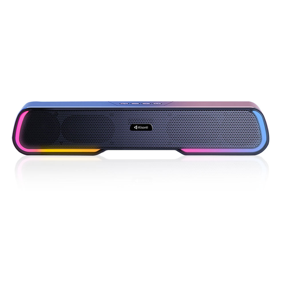 Kisonli LED-913 black wireless gaming soundbar with RGB LED lights, 10W output, and 1200mAh battery