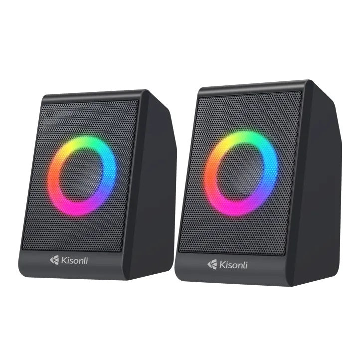 Kisonli X12 2.0 multimedia USB speakers with RGB lighting and in-line volume control for desktop and laptop