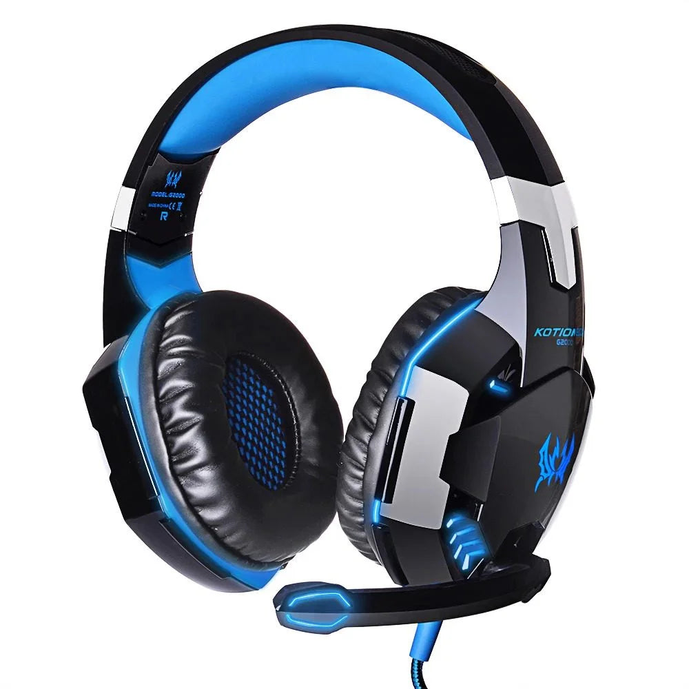 KOTION EACH G2000 pro gaming headset with 50mm drivers, noise isolation, and LED lighting in orange and blue