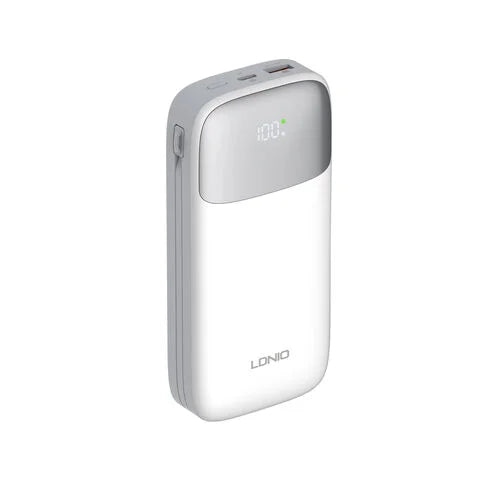 LDNIO PQ30 30000mAh 22.5W Power Bank with USB-C Fast Charging, Smart LED Display, and Built-in Charging Cables for reliable high-capacity mobile power