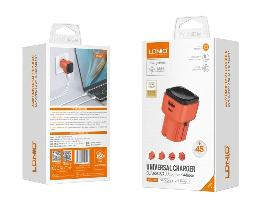 LDNIO Q2420 45W GaN All-in-One Adapter with C-C cable, compact and efficient fast-charging solution for travel and daily use