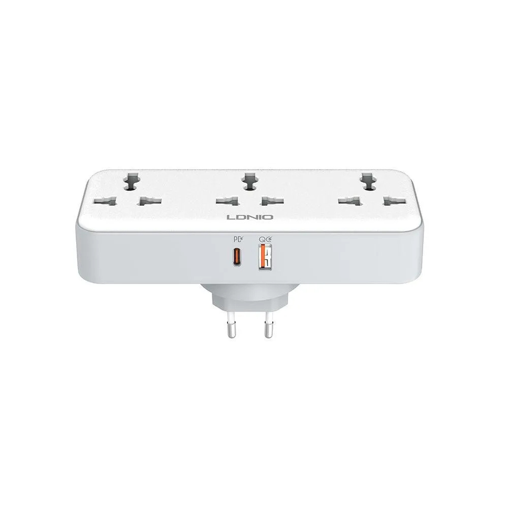 LDNIO SC3317 Wall Plug Expansion with 3 AC outlets and 30W USB-C PD fast charging featuring a 180-degree rotating plug