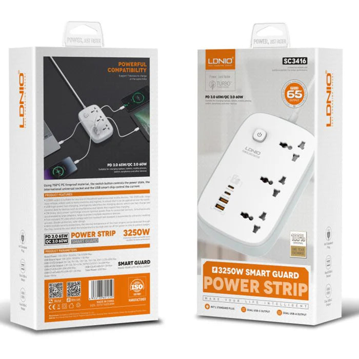 LDNIO SC3416 65W Power Strip with 3 AC outlets and 4 USB charging ports featuring child safety doors