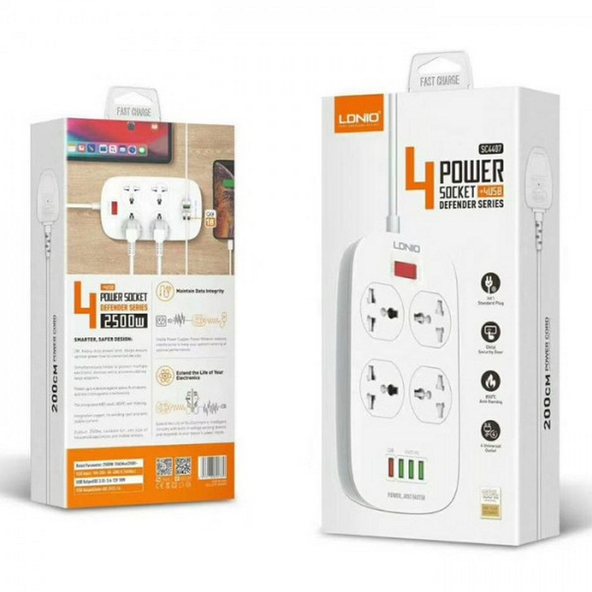 LDNIO SC4407 universal power strip with 4 AC outlets and QC 3.0 fast charging USB ports featuring surge protection