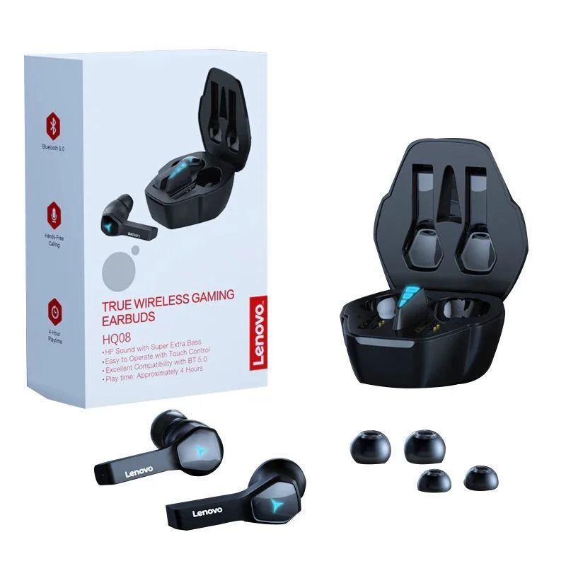 Lenovo HQ08 true wireless gaming earbuds with 360 degree surround sound and IPX5 waterproof rating