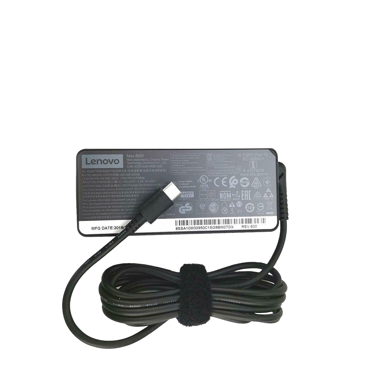 Lenovo 65W USB-C laptop charger with 20V 3.25A output for ThinkPad and Yoga series