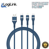LogiLink 3-in-1 multi charging cable highlighting its integrated Micro USB, Type-C, and iPhone connector tips, heavy-duty nylon braided exterior, and robust multi-head split design
