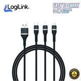 LogiLink 3-in-1 multi charging cable highlighting its integrated Micro USB, Type-C, and iPhone connector tips, heavy-duty nylon braided exterior, and robust multi-head split design