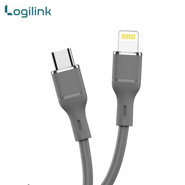 LogiLink Type-C to Lightning 1-meter fast charging data cable displaying its ultra-flexible silicone outer jacket, reversible Type-C plug, and reinforced strain-relief connector tips