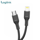 LogiLink Type-C to Lightning 1-meter fast charging data cable displaying its ultra-flexible silicone outer jacket, reversible Type-C plug, and reinforced strain-relief connector tips