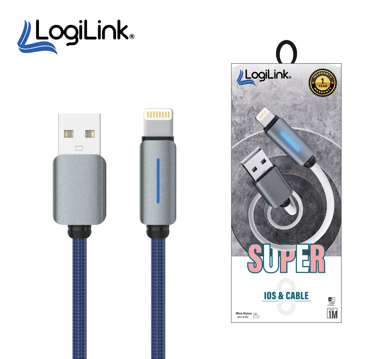 LogiLink Type-C to Type-C 1-meter fast charging data cable displaying its heavy-duty double-woven nylon braided exterior, reversible dual plugs, and reinforced strain-relief joints