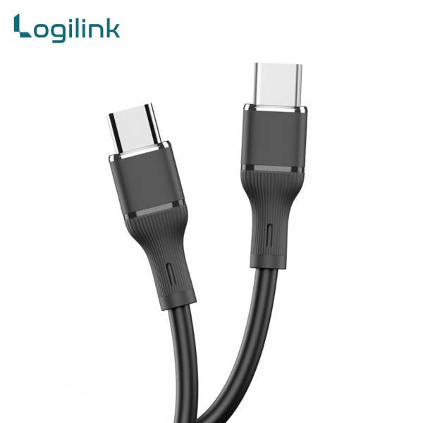 LogiLink Type-C to Type-C 1-meter fast charging data cable displaying its ultra-flexible silicone outer jacket, reversible dual terminal plugs, and reinforced strain-relief joints