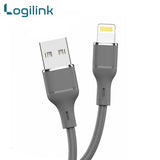 LogiLink 6A USB to Lightning 1-meter fast charging data cable displaying its ultra-flexible silicone outer jacket, standard USB 3.1 plug, and reinforced strain-relief Lightning connector tip
